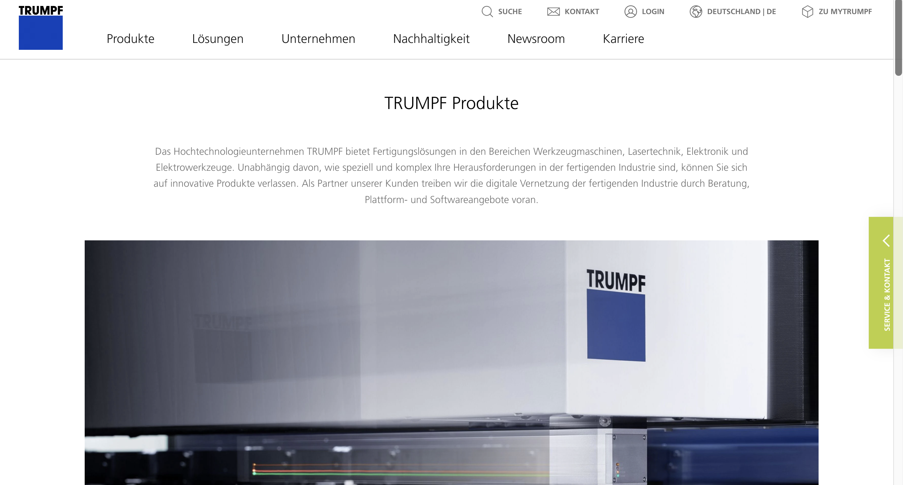 Screenshot der Trumpf Startseite