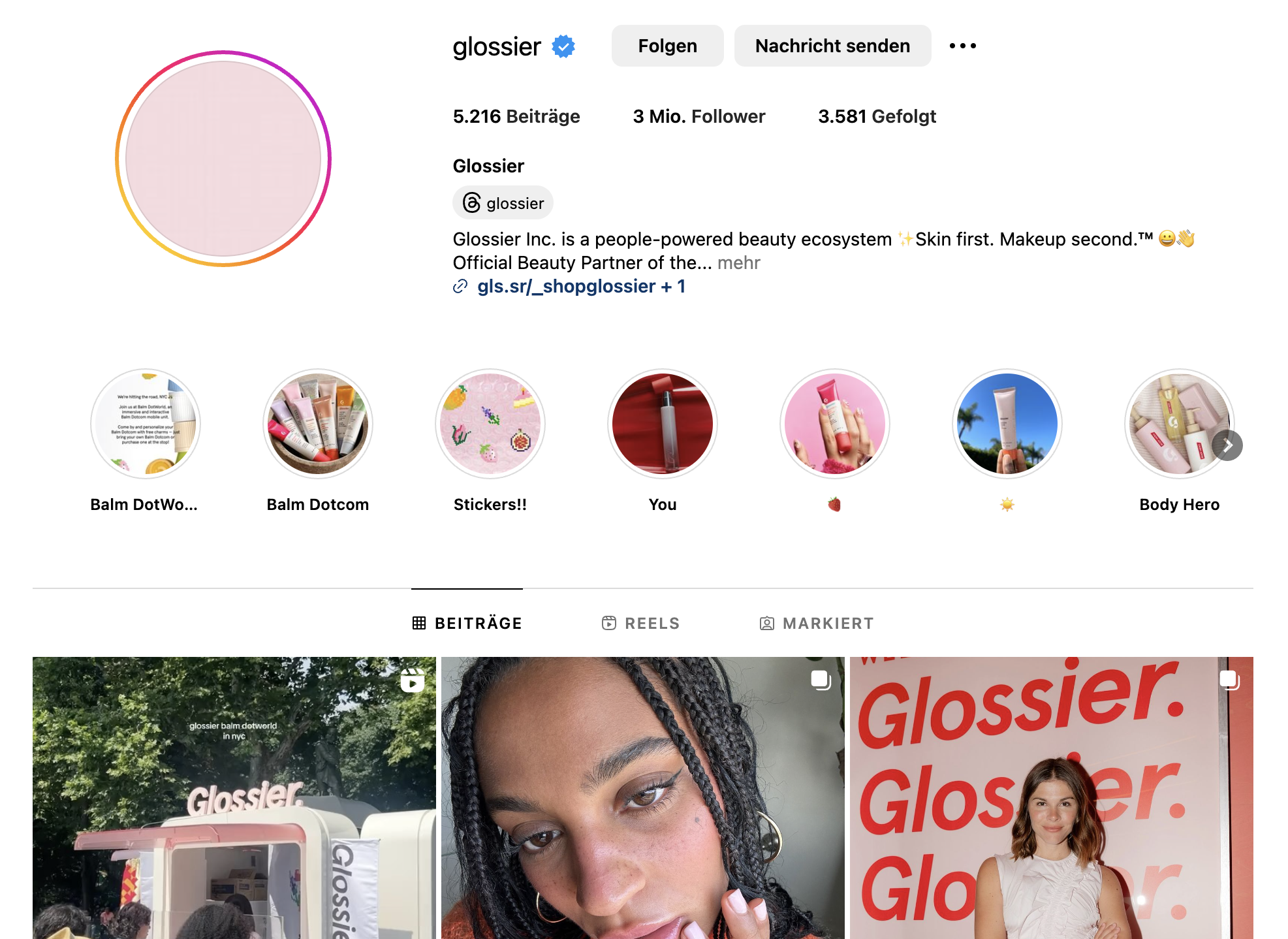 Screenshot der Instagram Seite von Glossier