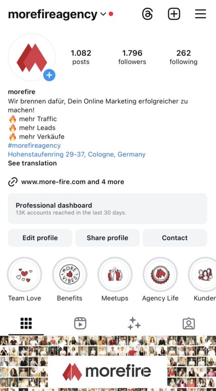 Instagram Profil der morefire Agentur, Highlights zu Team, Benefits und Meetups