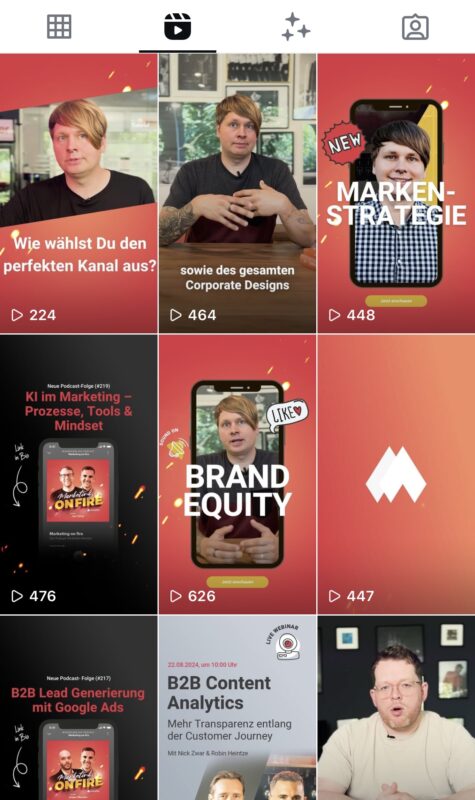 Screenshot der Instagram Reels Seite von morefire mit verschiedenen Marketing-Themen wie Markenstrategie, KI im Marketing und B2B Leadgenerierung