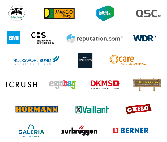 Kundenlogos von morefire-Klienten, darunter WDR, Vaillant und Engbers