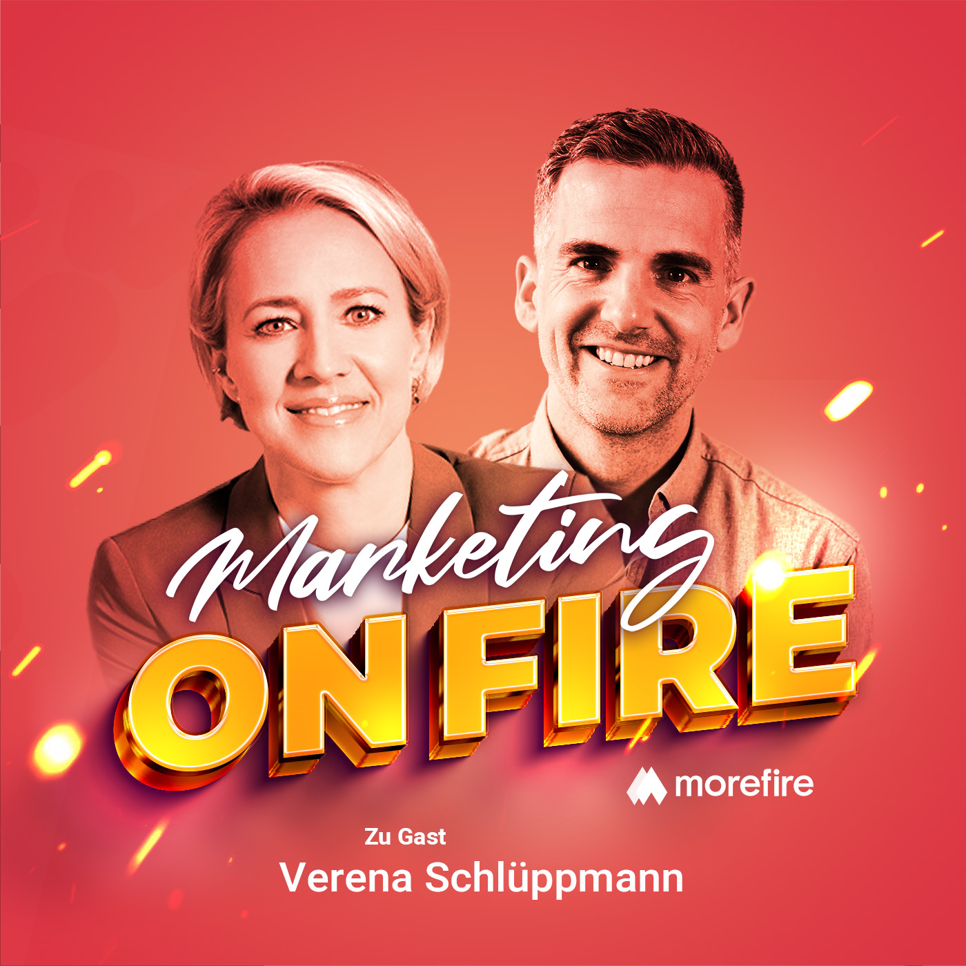 Verena Schlüppmann und Gastgeber im Marketing on Fire Podcast