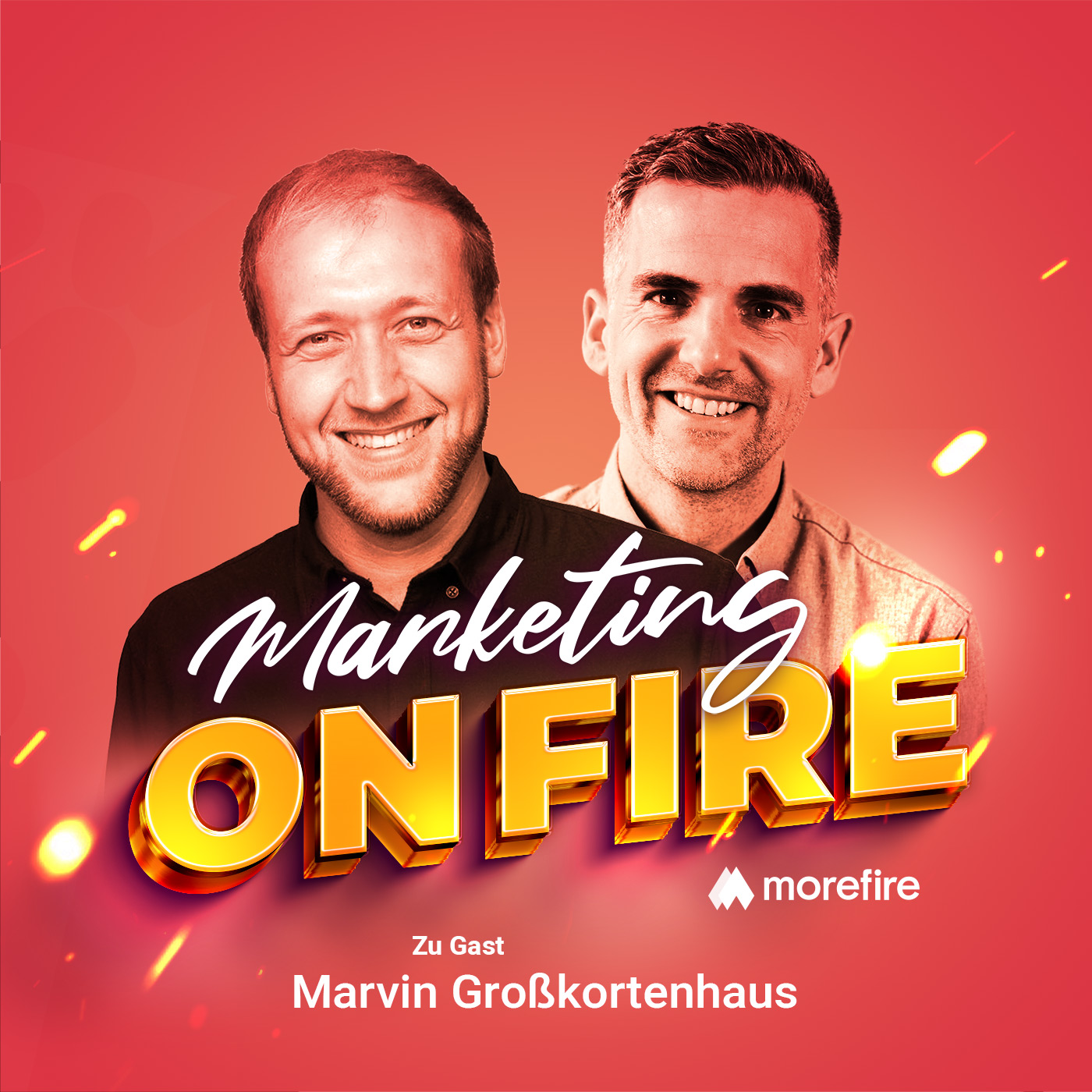 Marvin Großkortenhaus und Gastgeber im Marketing on Fire Podcast